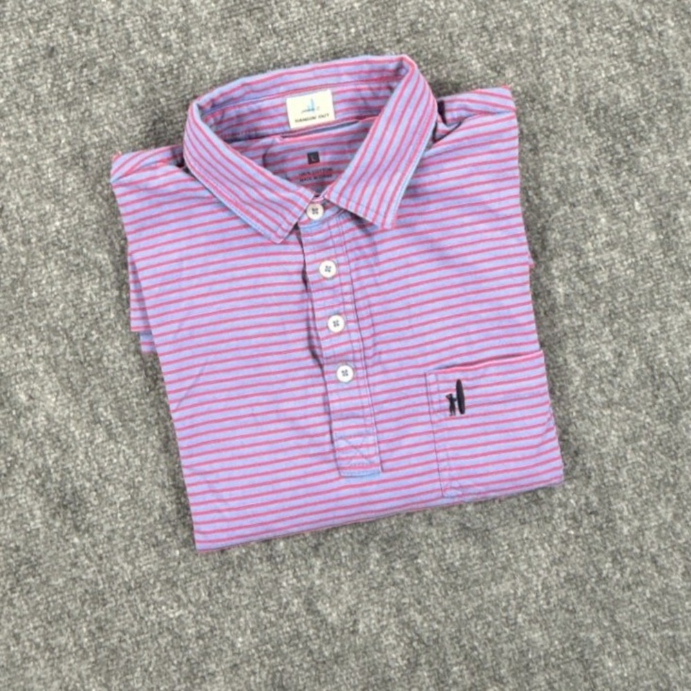 johnnie-O Hangin Out Mens Large Polo Shirt Blue Pink Striped Cotton JMPO1800
